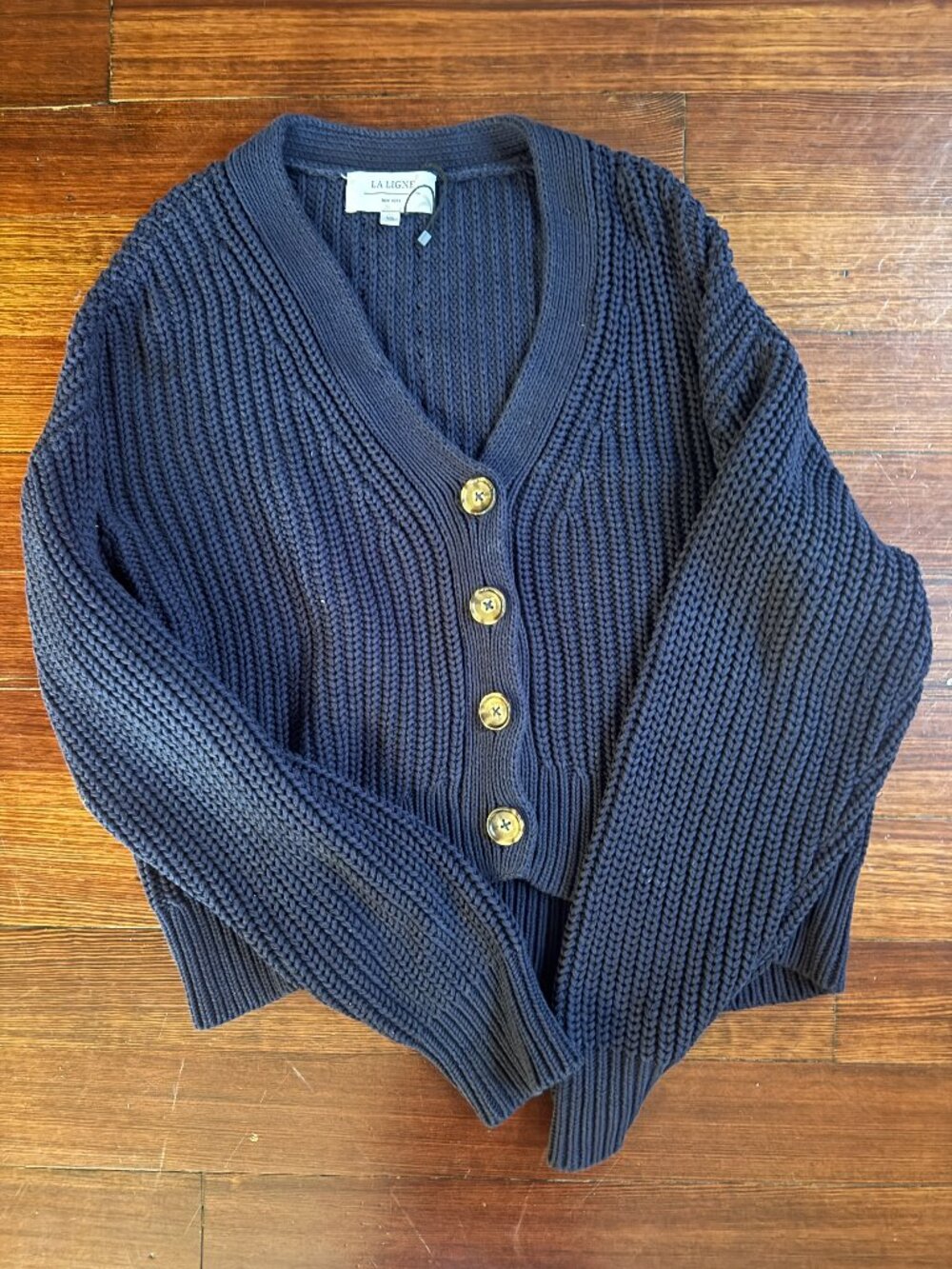La Ligne Navy Oversized Picnic Cardigan in Navy, XS - Picture 4 of 5